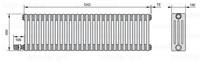 Схема (чертеж) Радиатор Zehnder Charleston 4045/27 №V004 Белый глянцевый RAL 9016